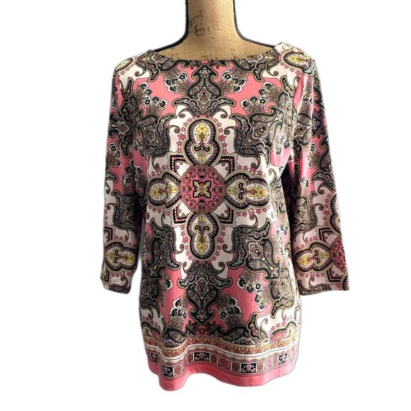 Charter‎ Club Pink Paisley Blouse Boat Neck Nylon Stretch Size Petite Large - Picture 1 of 4
